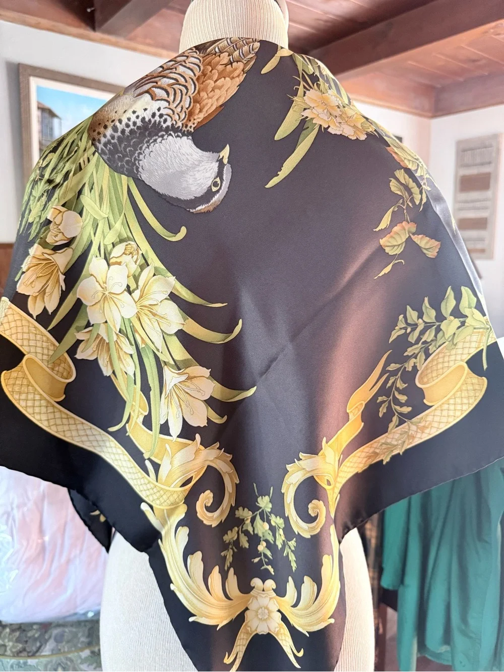 Salvatore Ferragamo Birds Black Silk Scarf